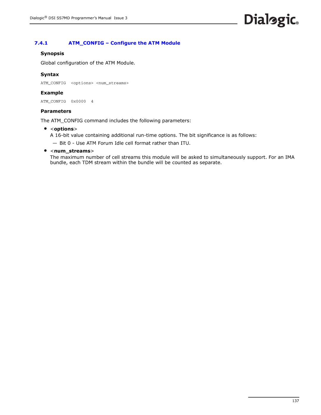 Dialogic DSI SS7MD manual Atmconfig Configure the ATM Module, Synopsis Global configuration of the ATM Module Syntax 