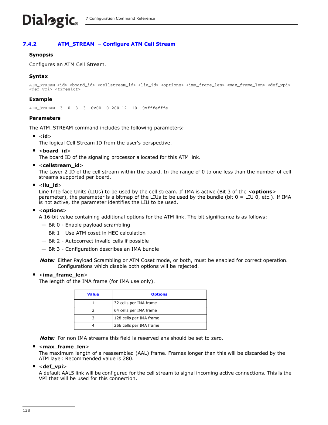 Dialogic DSI SS7MD manual Synopsis Configures an ATM Cell Stream Syntax, Value Options 