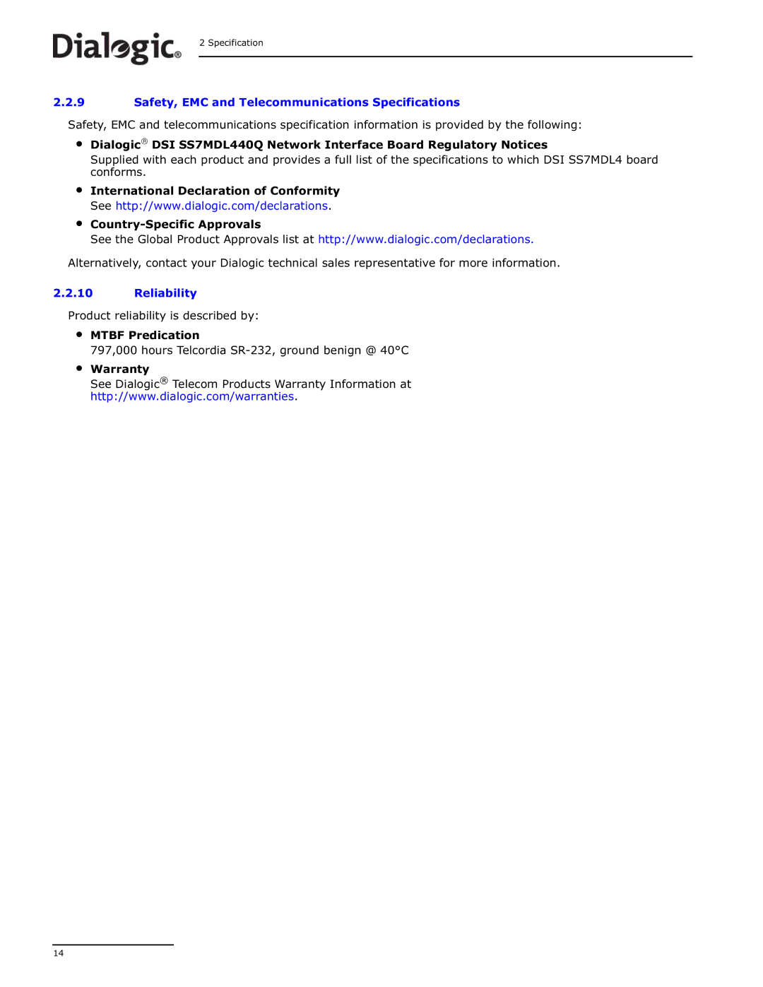 Dialogic DSI SS7MD manual Safety, EMC and Telecommunications Specifications 