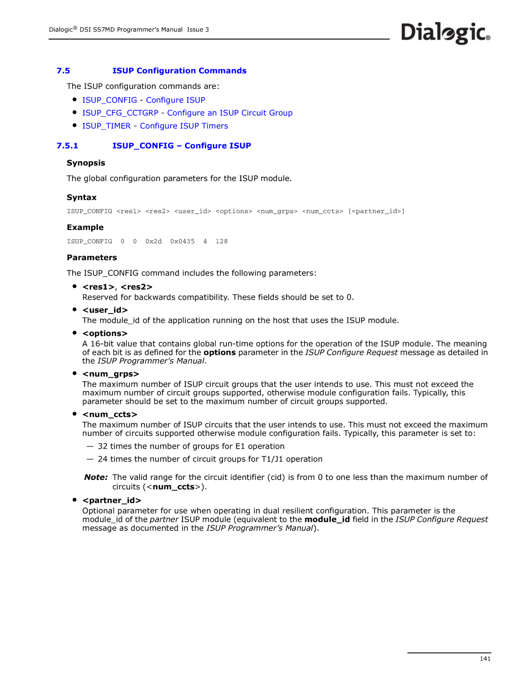 Dialogic DSI SS7MD manual Isup Configuration Commands, Isup configuration commands are 