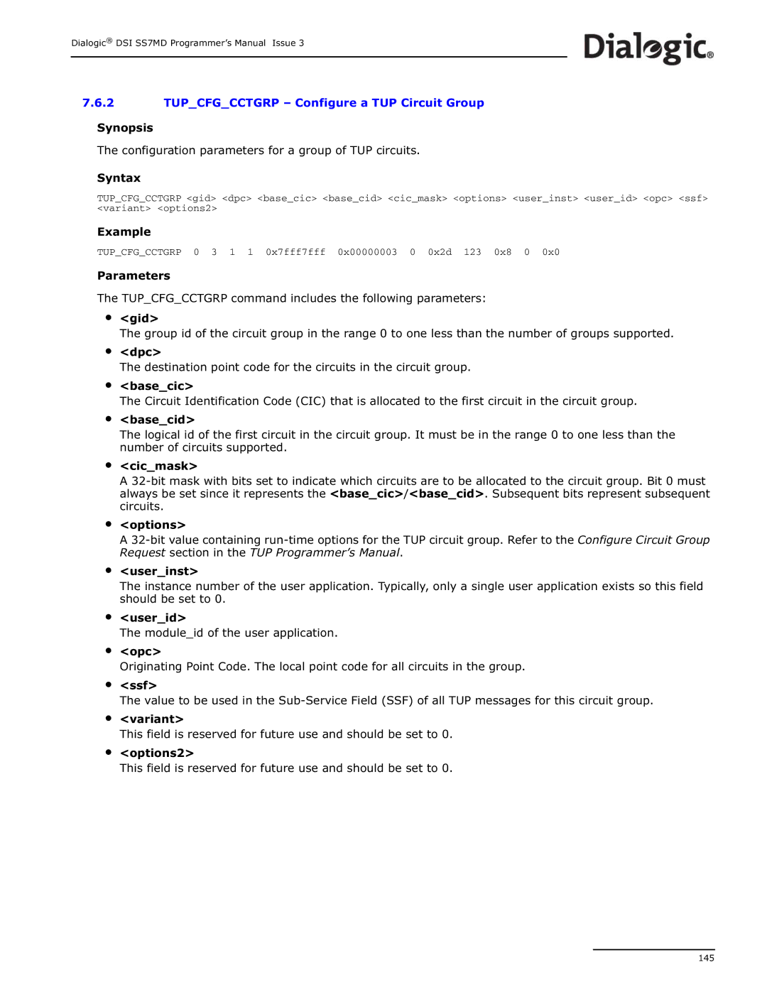 Dialogic DSI SS7MD manual Tupcfgcctgrp 0 3 1 1 0x7fff7fff 0x00000003 0 0x2d 123 0x8 0 