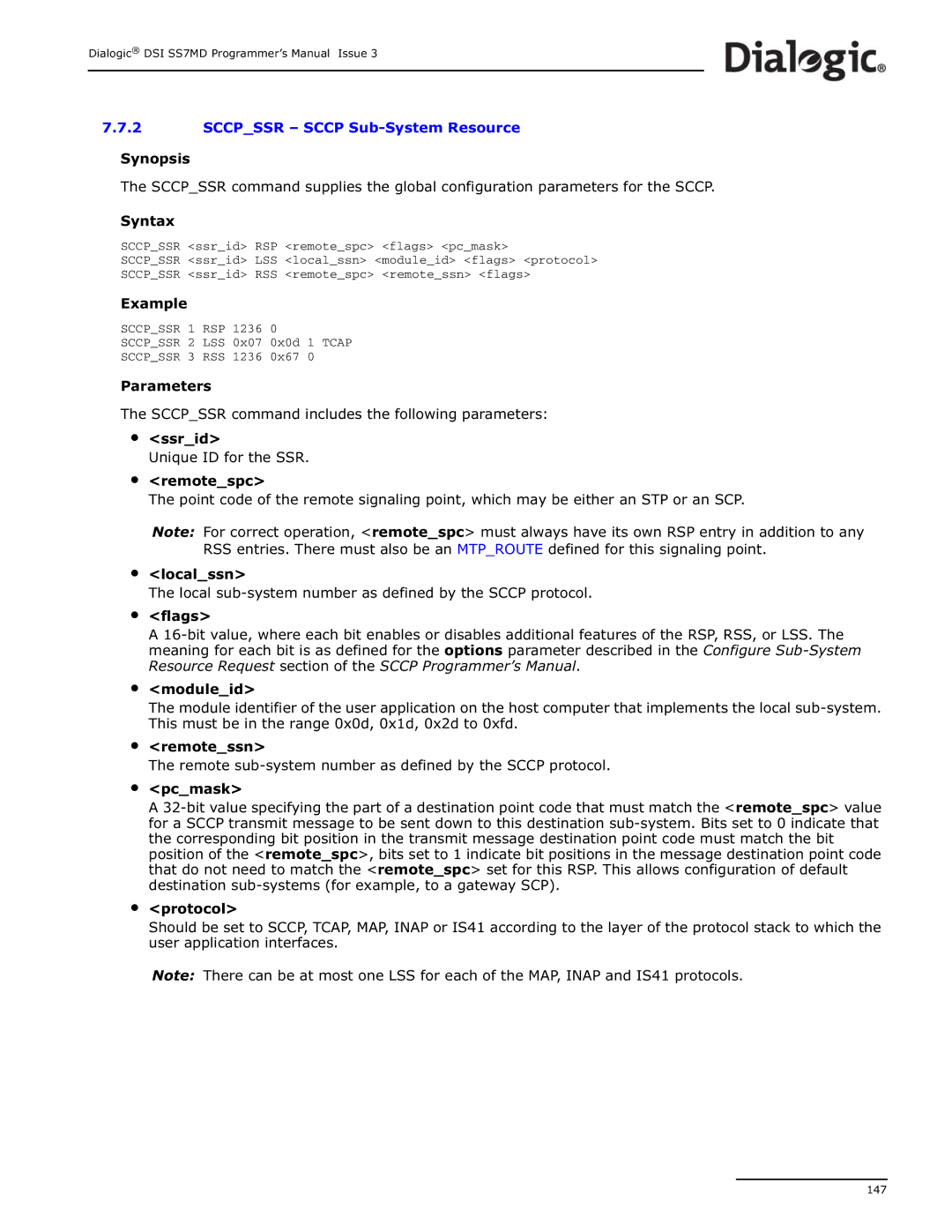 Dialogic DSI SS7MD manual Sccpssr ssrid RSP remotespc flags pcmask 