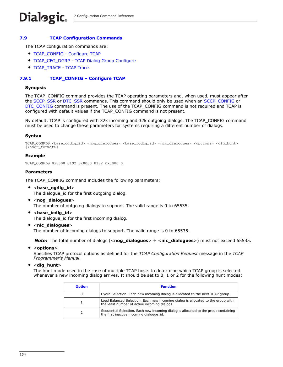 Dialogic DSI SS7MD manual Tcap configuration commands are, Option Function 