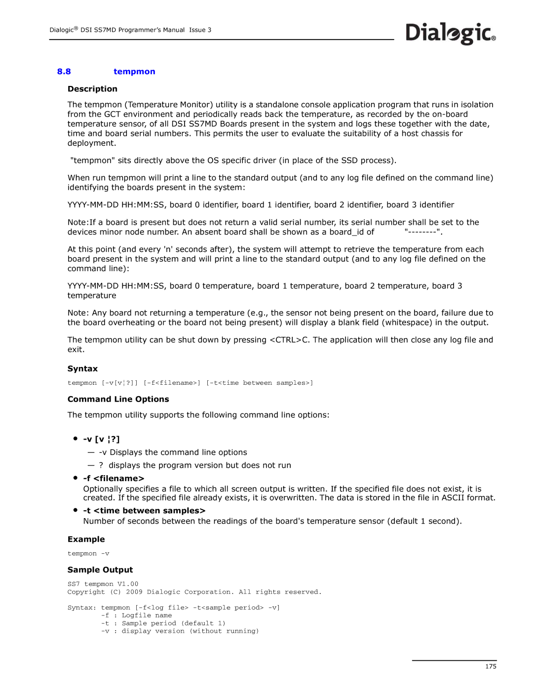 Dialogic DSI SS7MD manual Tempmon, Sample Output 