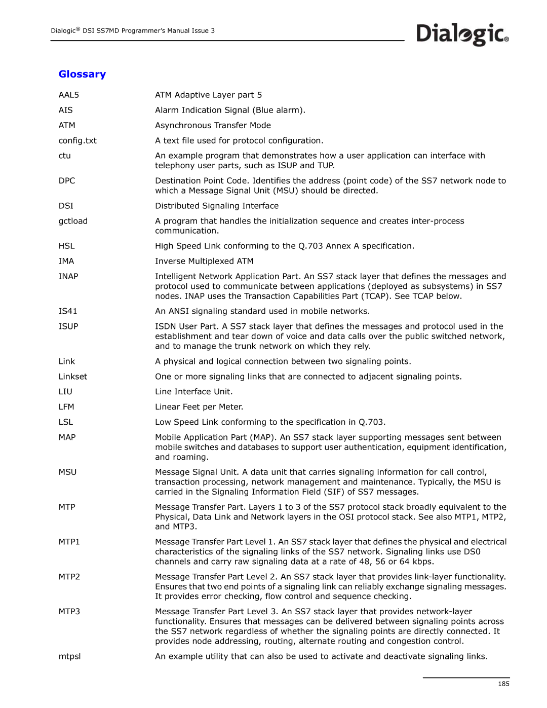 Dialogic DSI SS7MD manual Glossary 