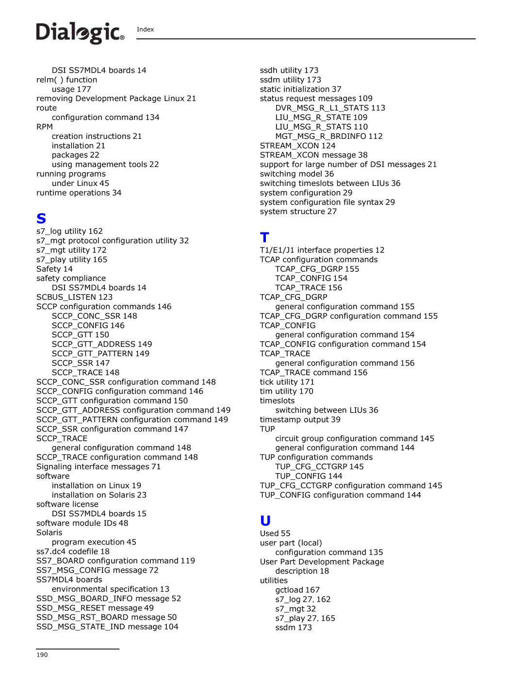 Dialogic DSI SS7MD manual Tcapcfgdgrp 155 Tcapconfig 154 Tcaptrace 