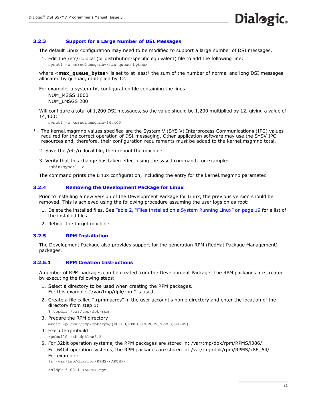 Dialogic DSI SS7MD manual Reboot the target machine, RPM Creation Instructions, Prepare the RPM directory 