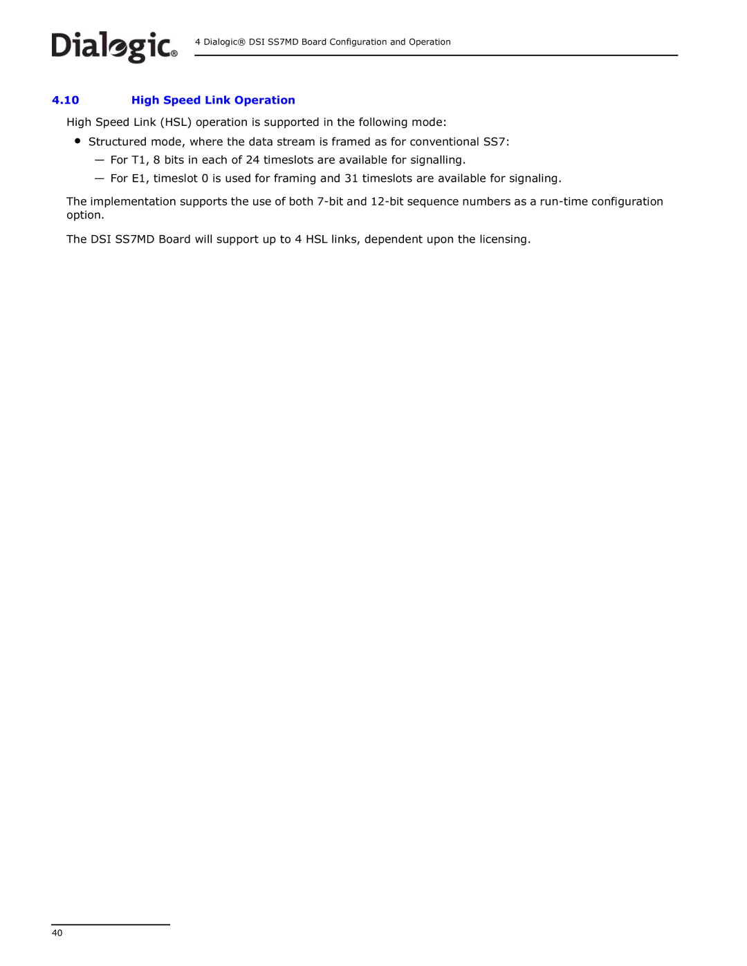 Dialogic DSI SS7MD manual High Speed Link Operation 