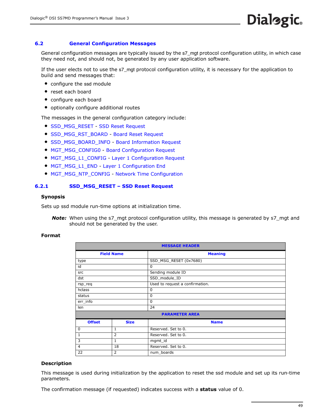 Dialogic DSI SS7MD manual General Configuration Messages, Field Name Meaning, Offset Size Name 