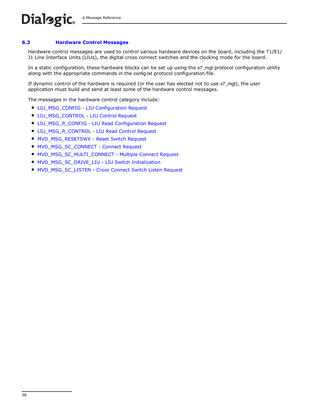 Dialogic DSI SS7MD manual Hardware Control Messages 