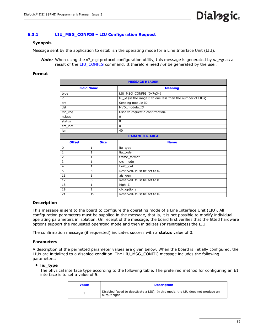 Dialogic DSI SS7MD manual Liumsgconfig LIU Configuration Request, Field Name Meaning 