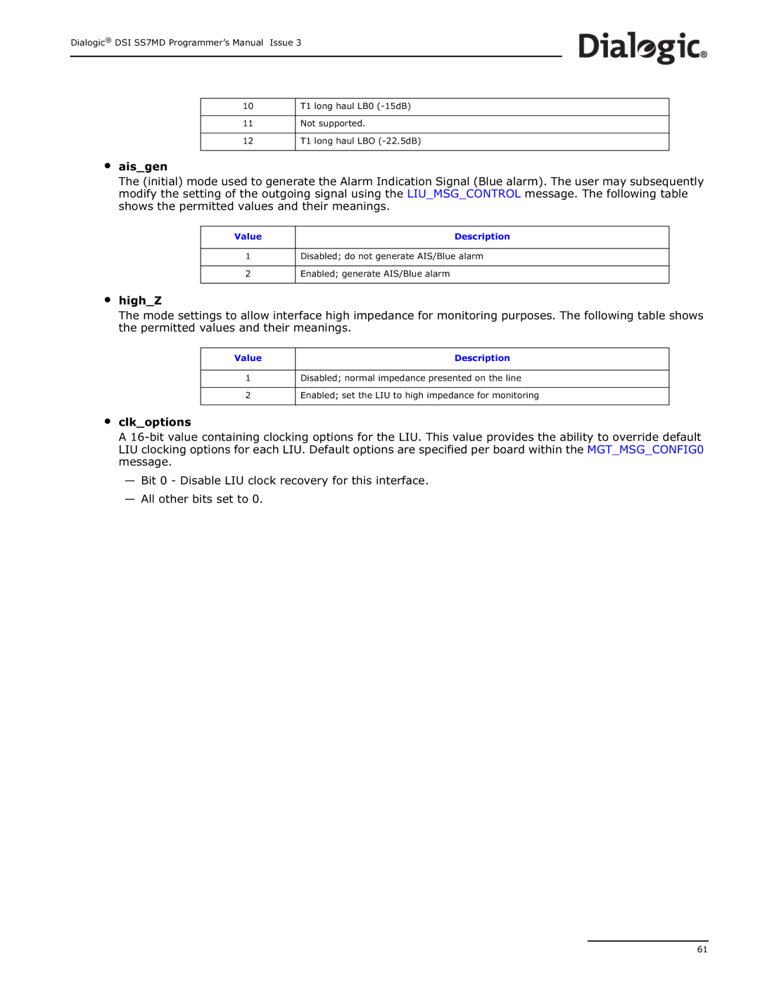 Dialogic DSI SS7MD manual Value Description 