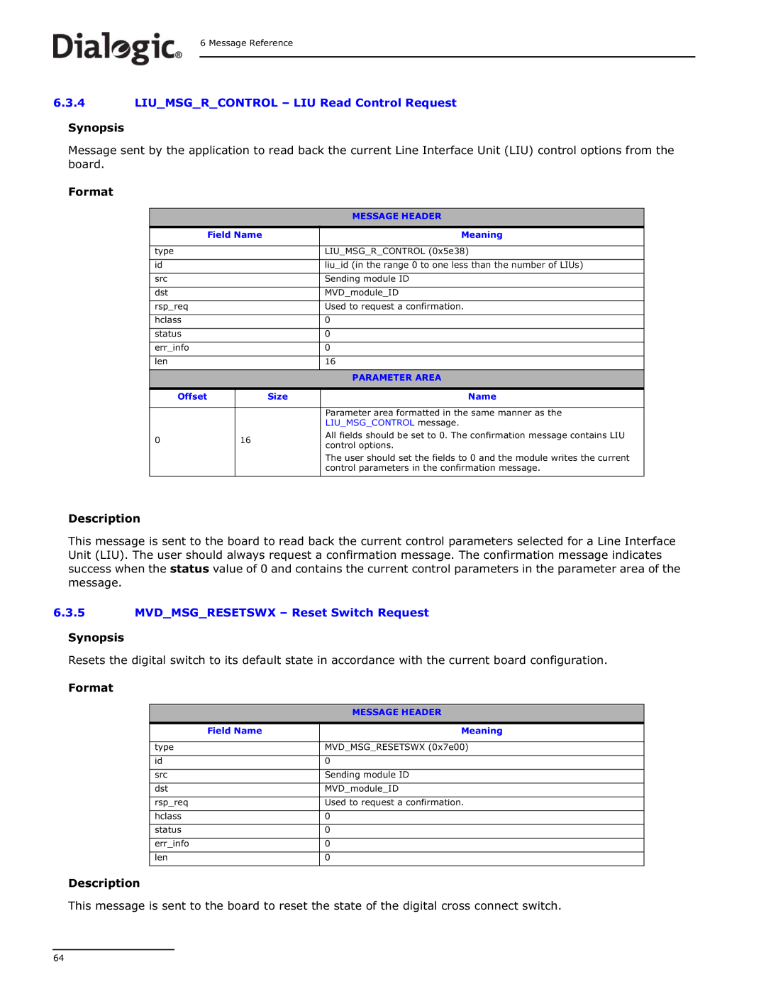 Dialogic DSI SS7MD manual Liumsgrcontrol LIU Read Control Request, Liumsgcontrol message 