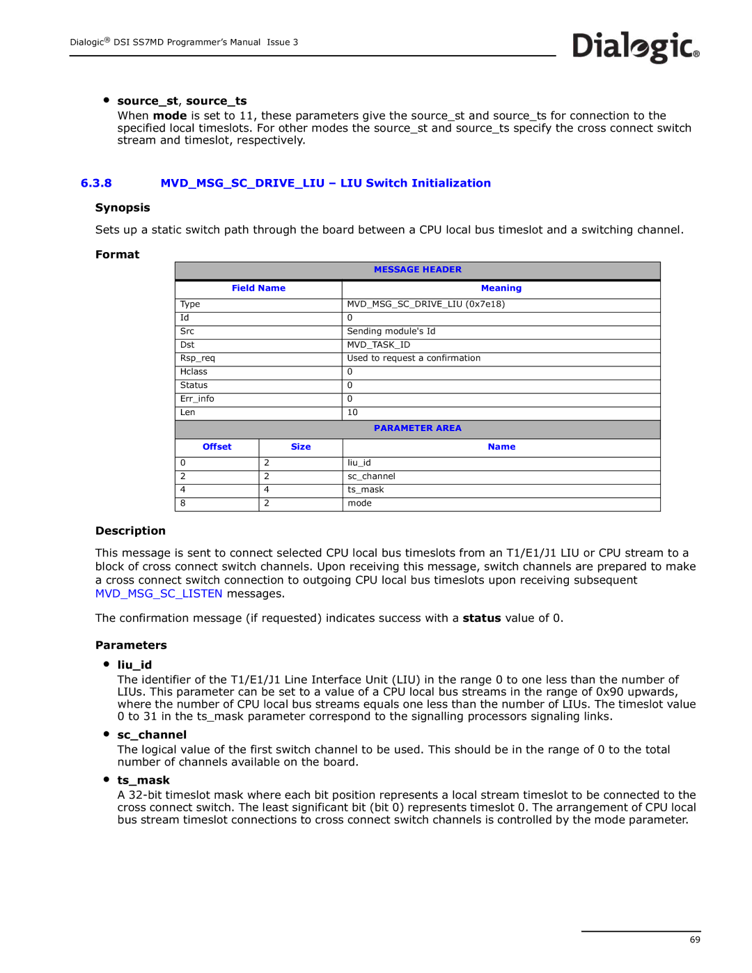 Dialogic DSI SS7MD manual Type Mvdmsgscdriveliu 0x7e18 Src Sending modules Id Dst 