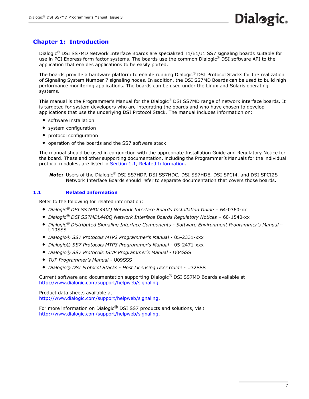 Dialogic DSI SS7MD manual Introduction, Related Information 