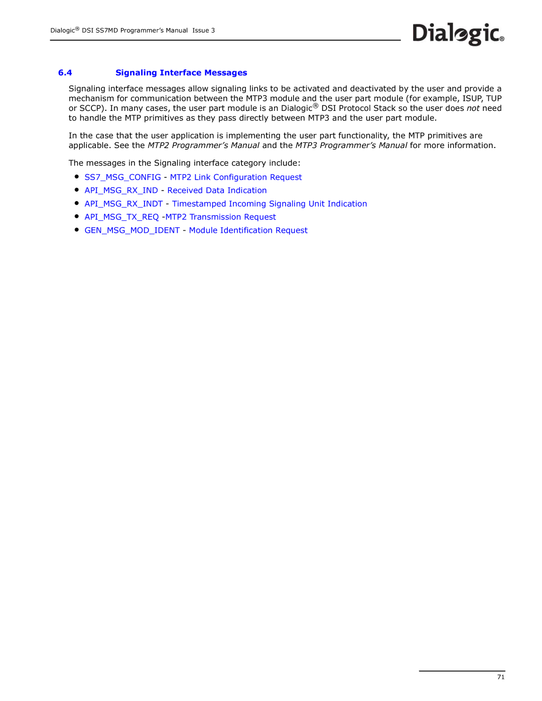 Dialogic DSI SS7MD manual Signaling Interface Messages 