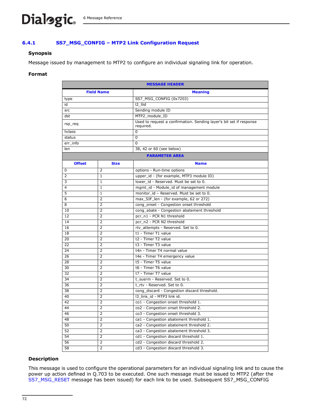 Dialogic DSI SS7MD manual 1 SS7MSGCONFIG MTP2 Link Configuration Request 