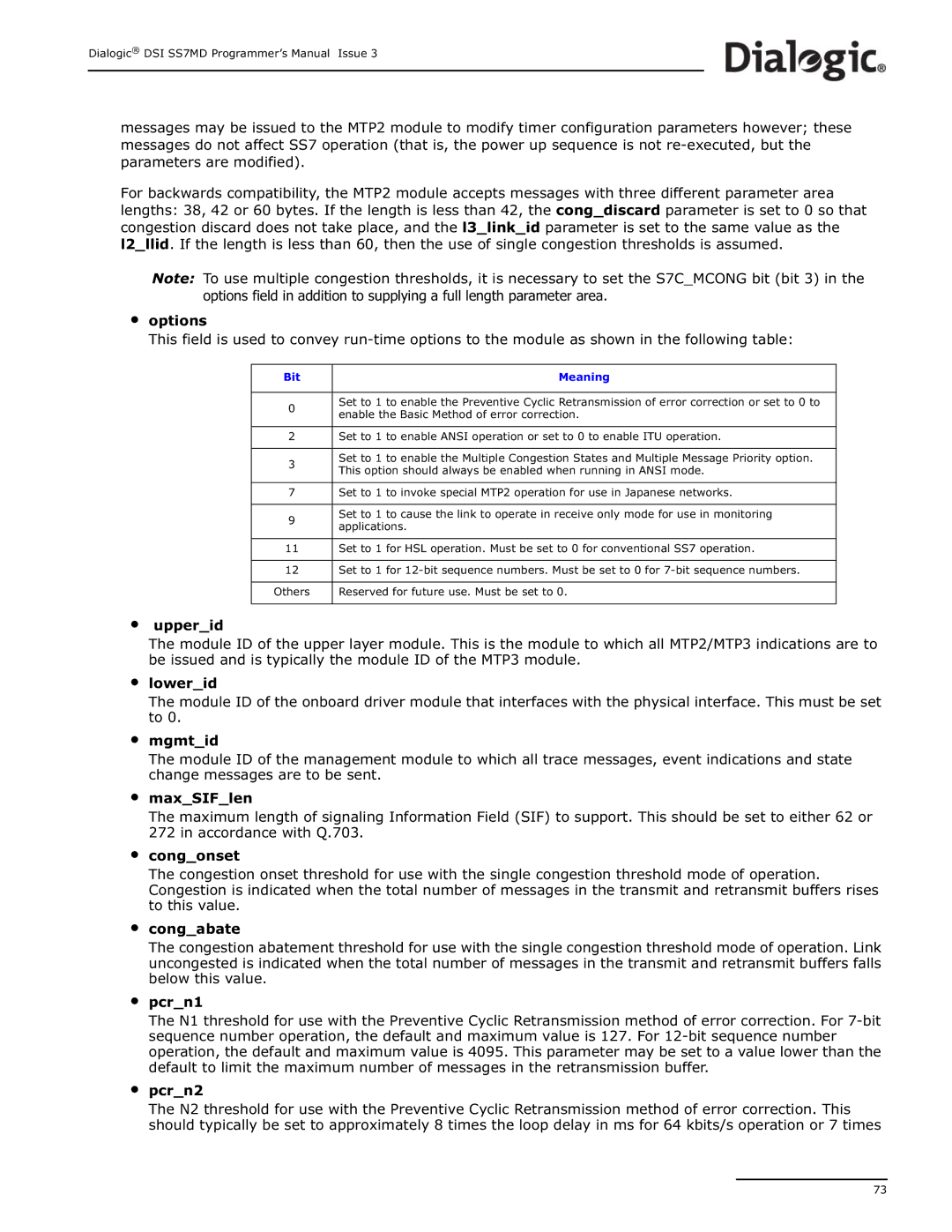 Dialogic DSI SS7MD manual Bit Meaning 