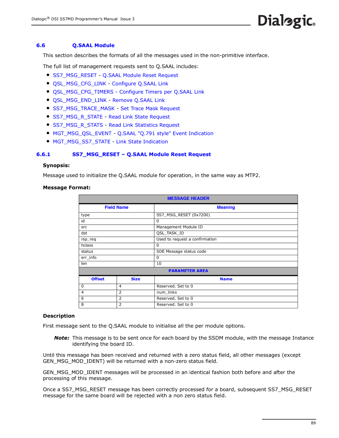 Dialogic DSI SS7MD manual Q.SAAL Module, Message Header 