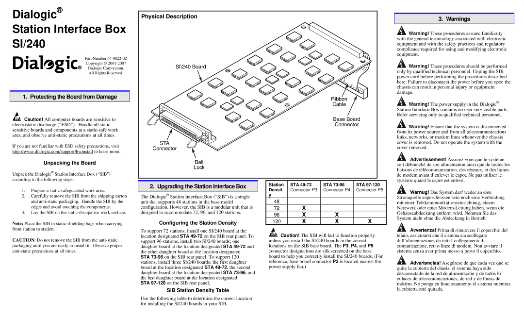 Dialogic SI/240 user service Protecting the Board from Damage, Upgrading the Station Interface Box 