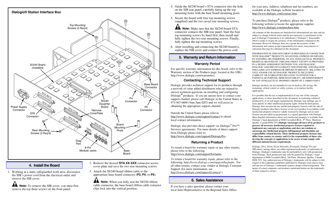 Dialogic SI/240 user service Warranty and Return Information, Install the Board, Sales Assistance 