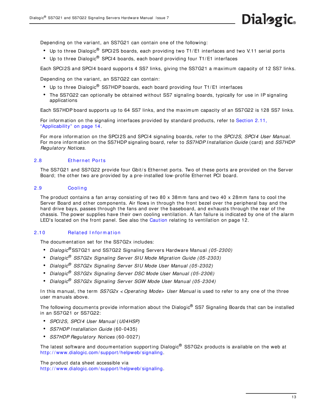 Dialogic SS7G22, SS7G21 manual Ethernet Ports, Cooling, Related Information 