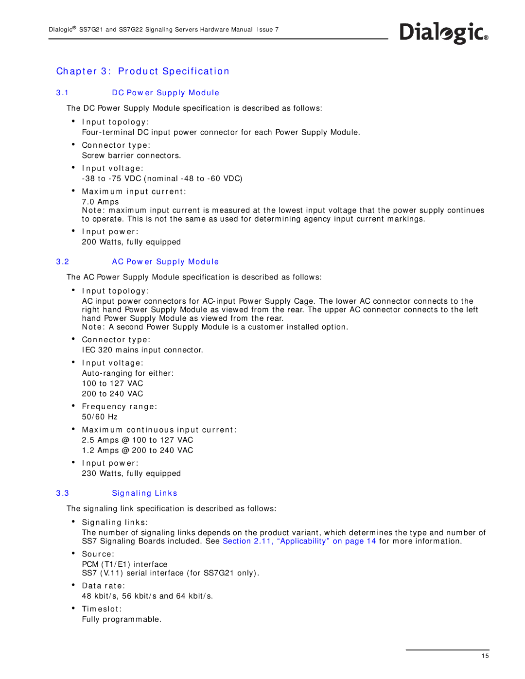 Dialogic SS7G22, SS7G21 manual Product Specification, DC Power Supply Module, AC Power Supply Module, Signaling Links 