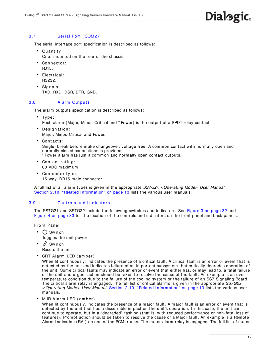 Dialogic SS7G22, SS7G21 manual Serial Port COM2, Alarm Outputs, Controls and Indicators 