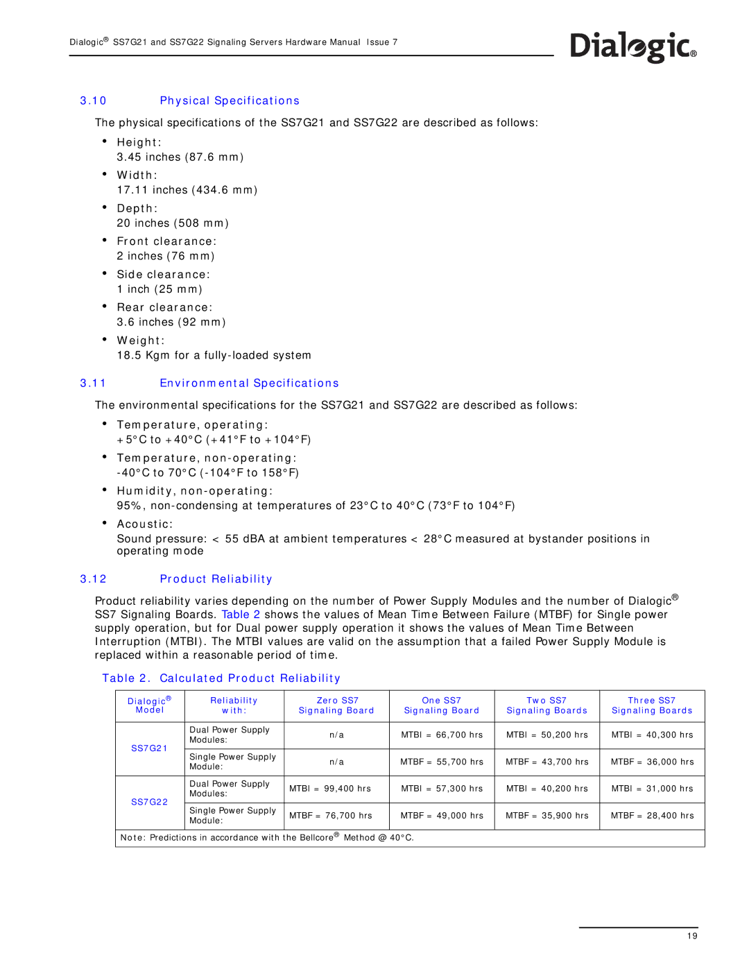 Dialogic SS7G22, SS7G21 manual Physical Specifications, Environmental Specifications, Calculated Product Reliability 