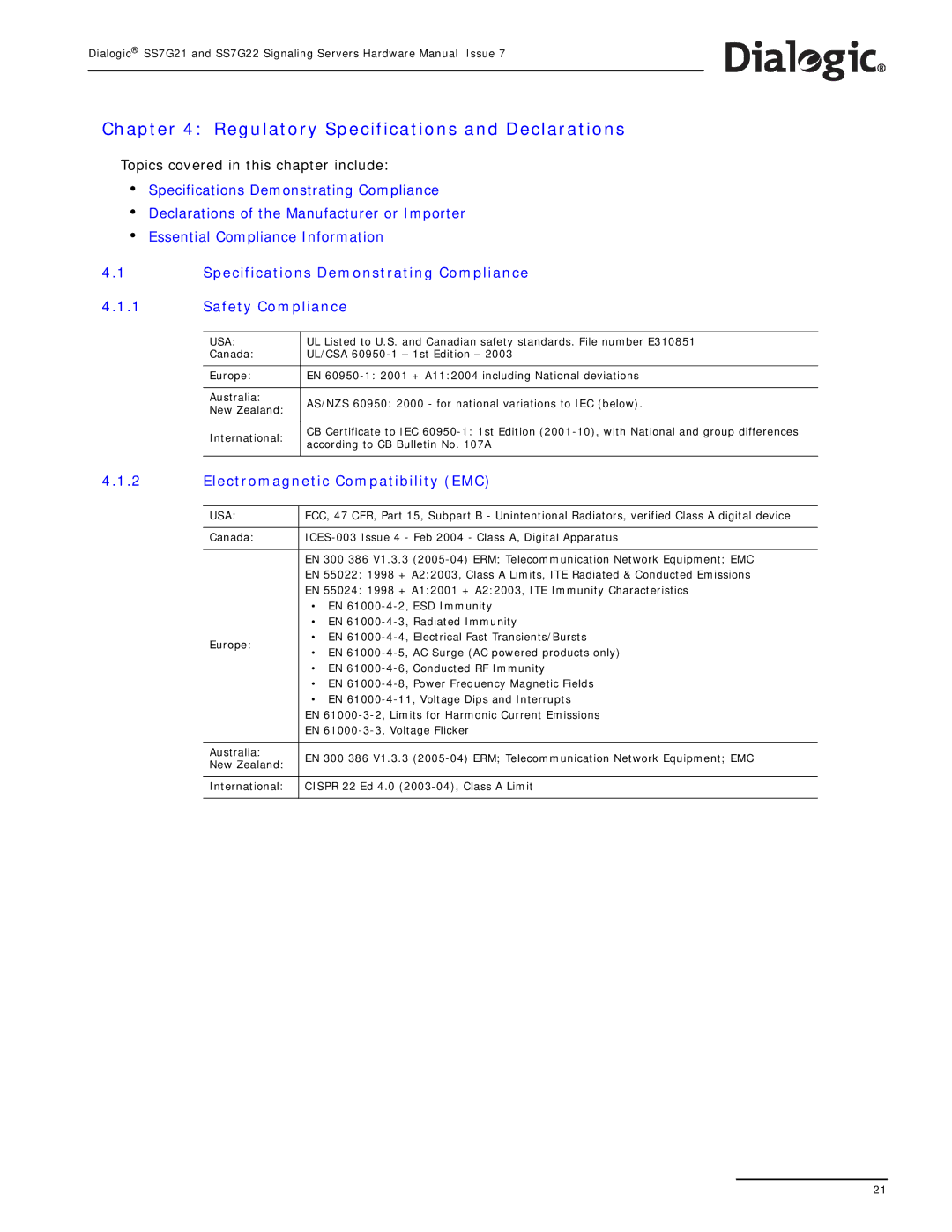 Dialogic SS7G22 Regulatory Specifications and Declarations, Specifications Demonstrating Compliance Safety Compliance 