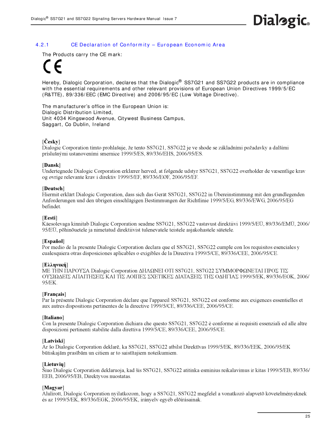 Dialogic SS7G22, SS7G21 manual Česky 