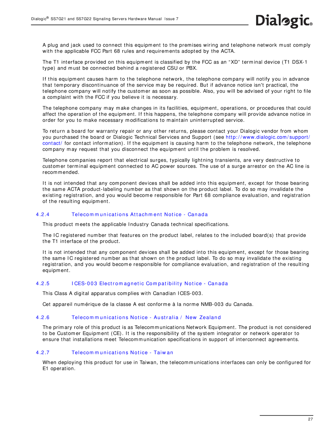 Dialogic SS7G22, SS7G21 Telecommunications Attachment Notice Canada, Telecommunications Notice Australia / New Zealand 