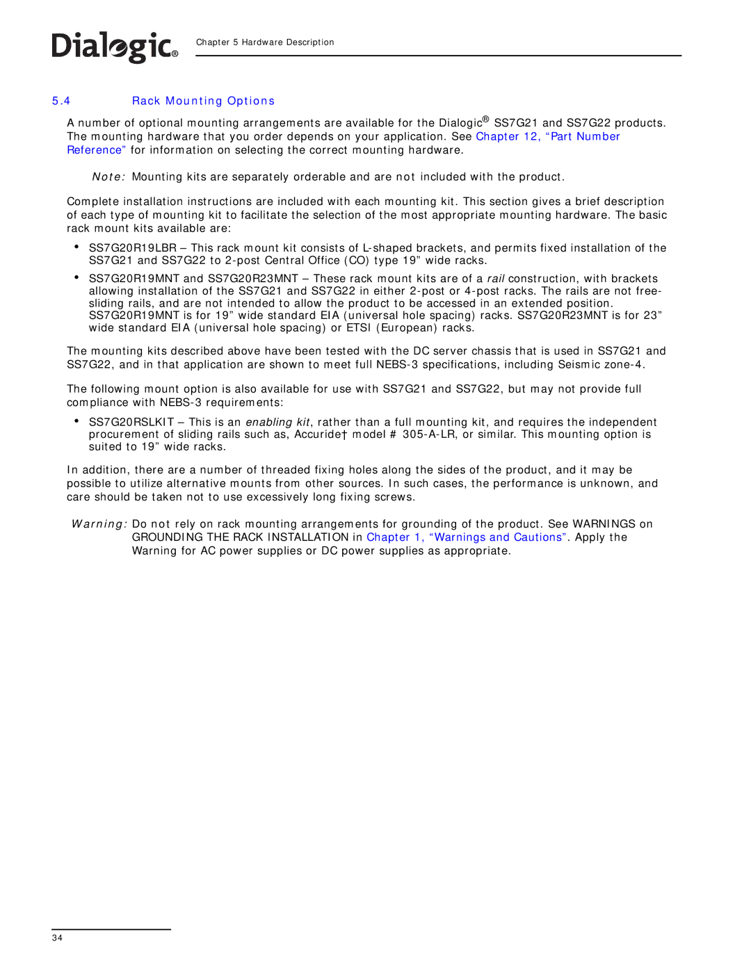 Dialogic SS7G21, SS7G22 manual Rack Mounting Options 