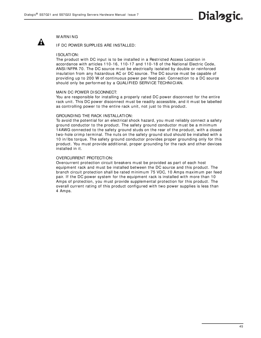 Dialogic SS7G22, SS7G21 manual If DC Power Supplies are Installed Isolation 