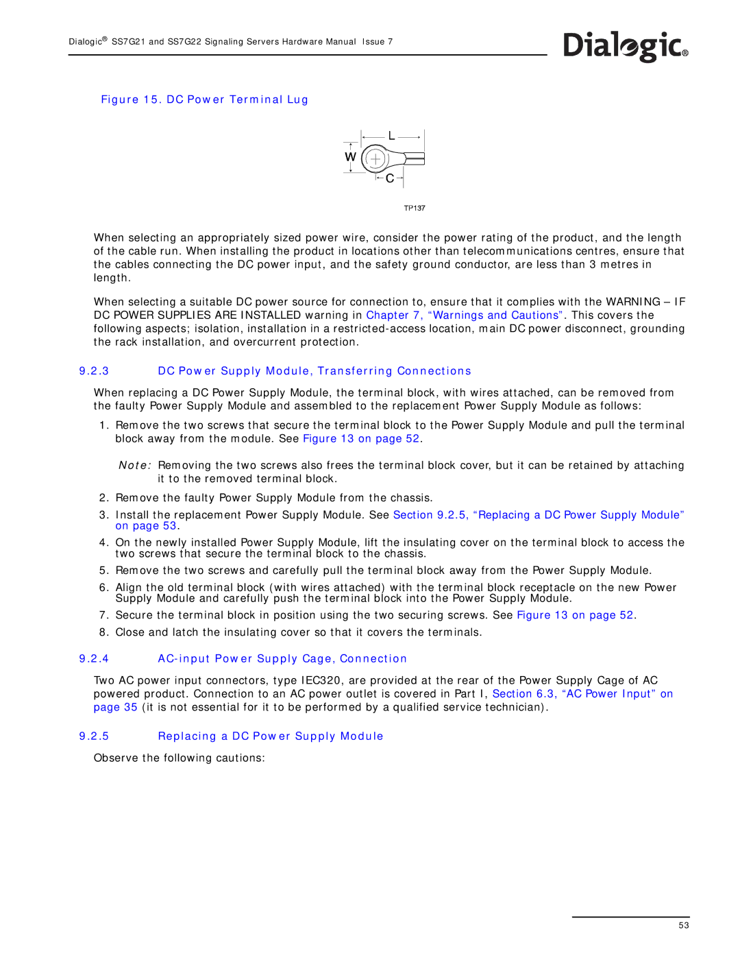 Dialogic SS7G22, SS7G21 manual DC Power Supply Module, Transferring Connections, AC-input Power Supply Cage, Connection 