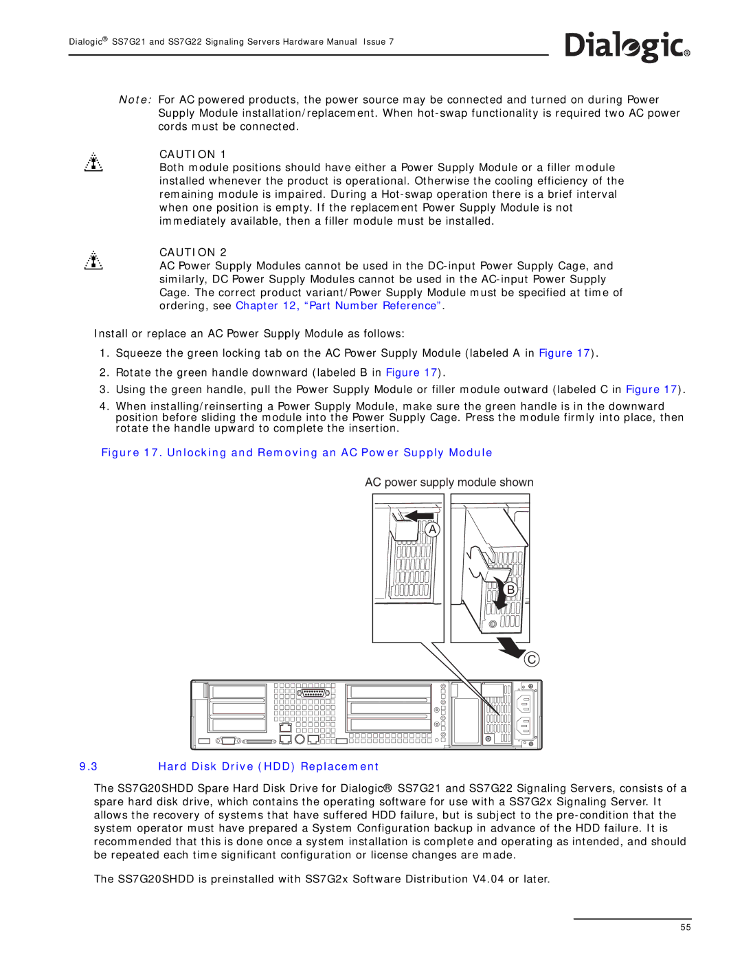 Dialogic SS7G22, SS7G21 manual Unlocking and Removing an AC Power Supply Module, Hard Disk Drive HDD Replacement 