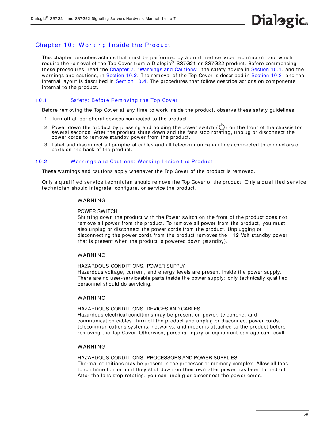 Dialogic SS7G22, SS7G21 manual Working Inside the Product, Safety Before Removing the Top Cover 
