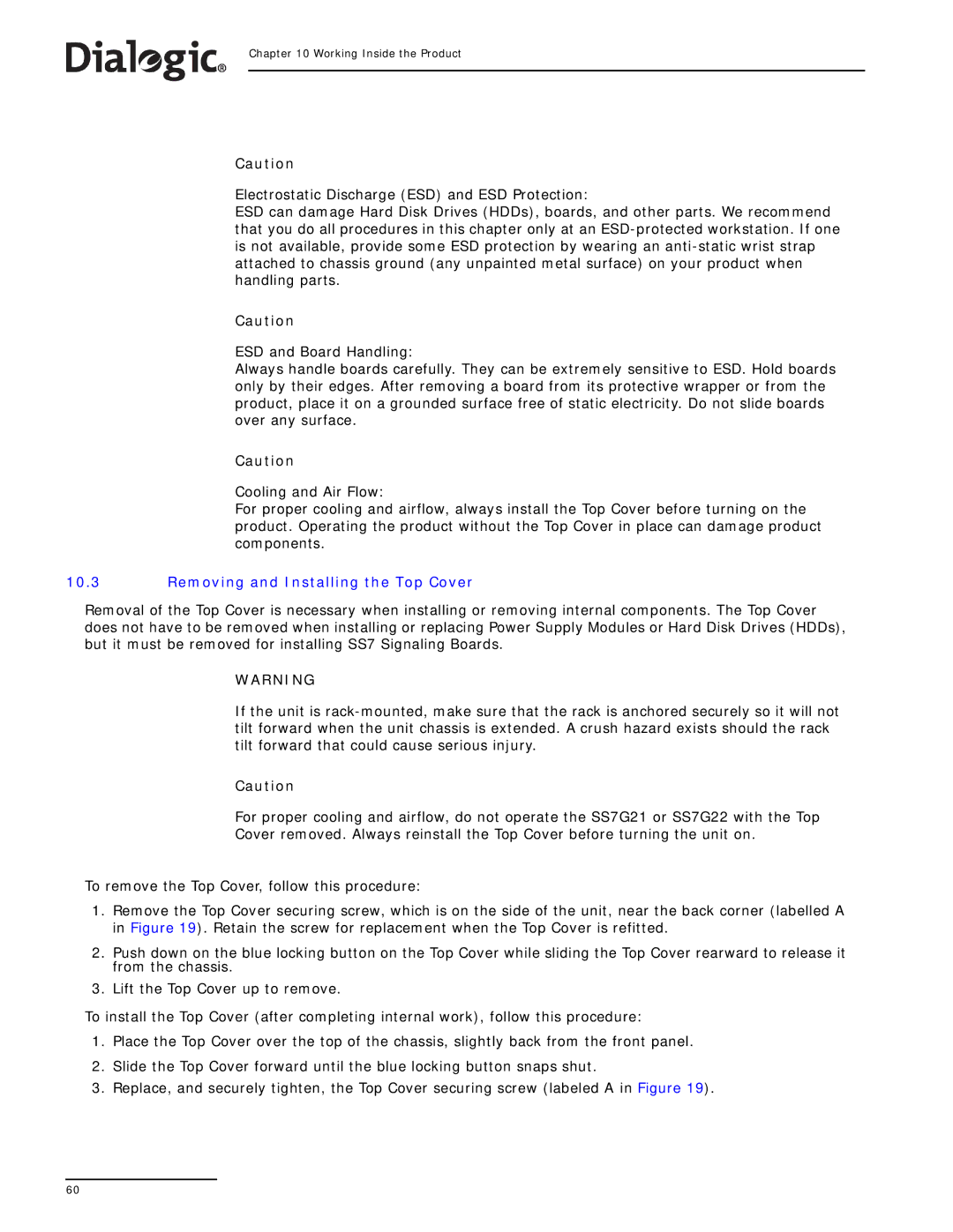 Dialogic SS7G21, SS7G22 manual Removing and Installing the Top Cover 