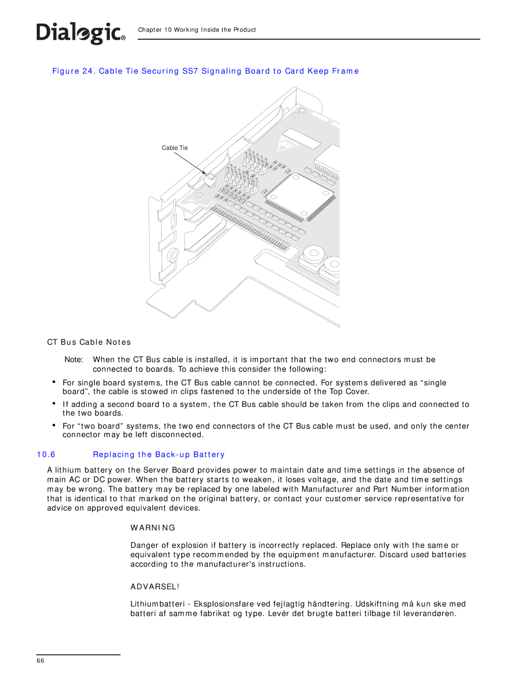 Dialogic SS7G21, SS7G22 manual CT Bus Cable Notes, Replacing the Back-up Battery 