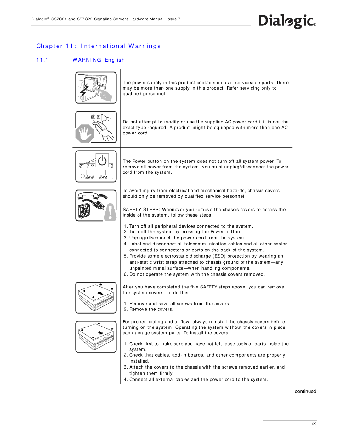 Dialogic SS7G22, SS7G21 manual International Warnings 