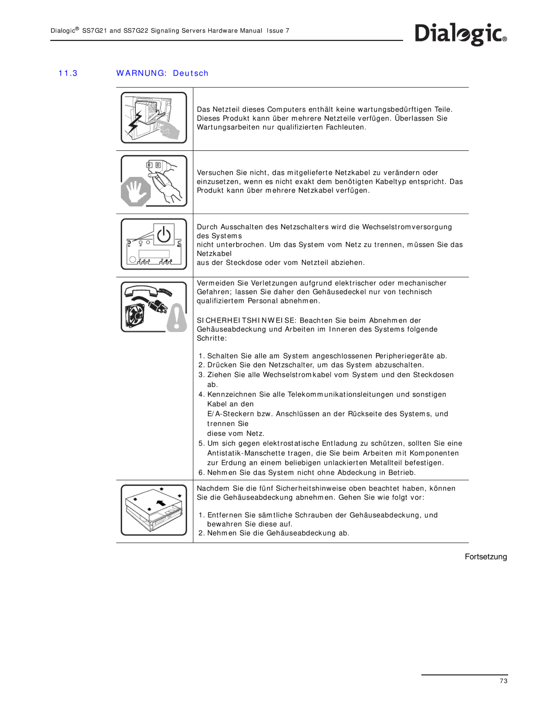 Dialogic SS7G22, SS7G21 manual Warnung Deutsch 