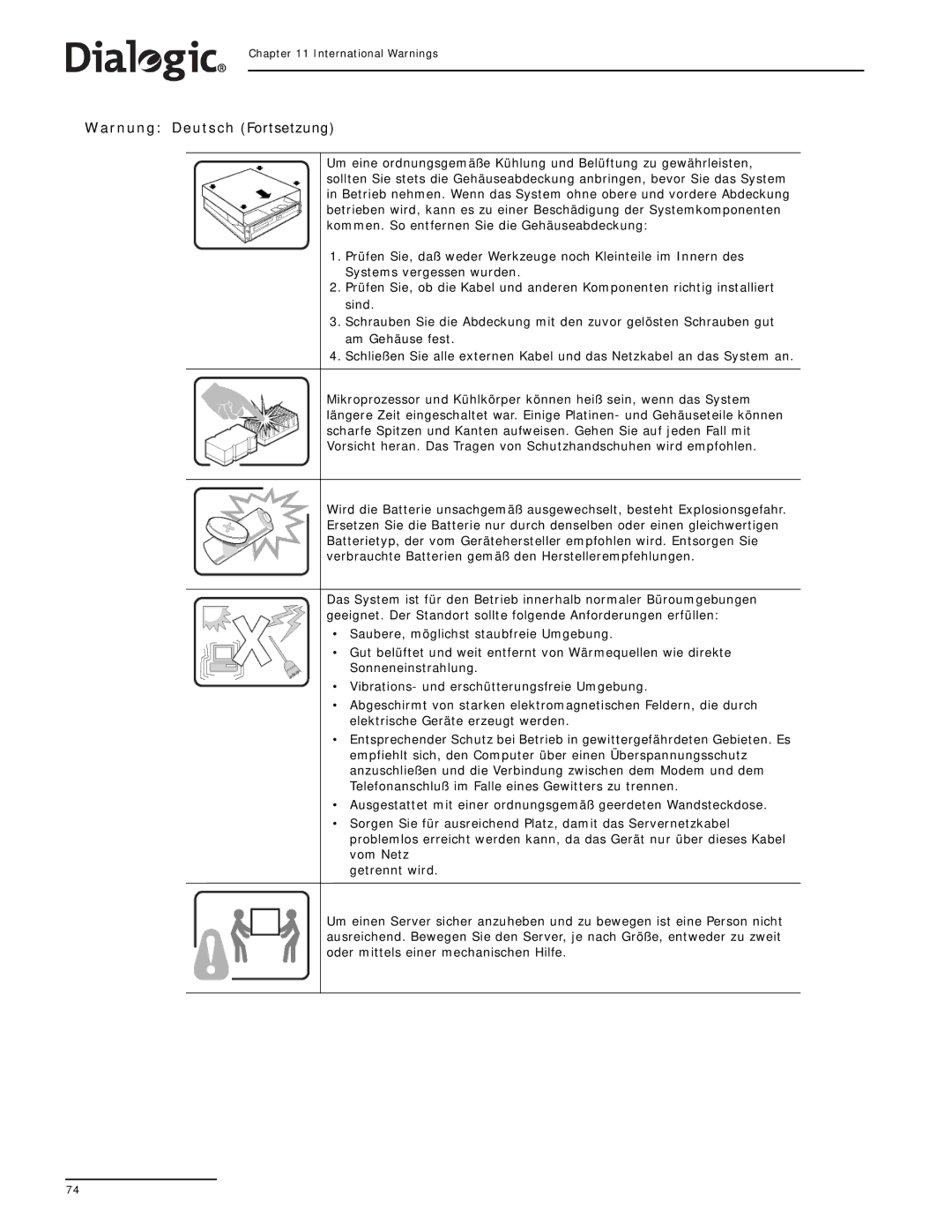 Dialogic SS7G21, SS7G22 manual Warnung Deutsch Fortsetzung 