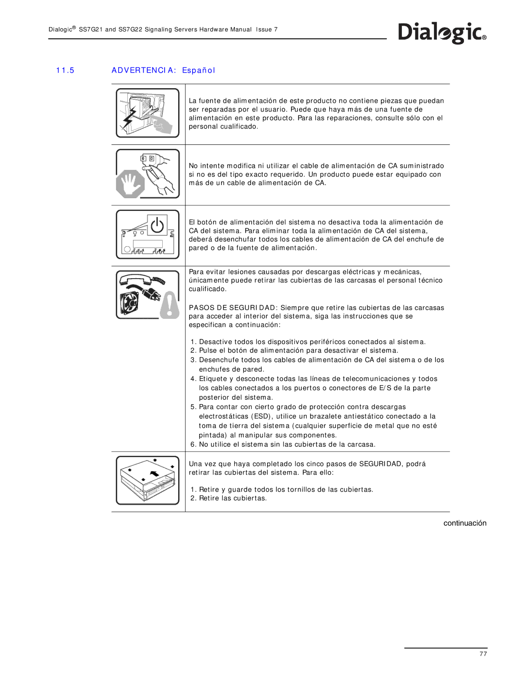 Dialogic SS7G22, SS7G21 manual Advertencia Español 