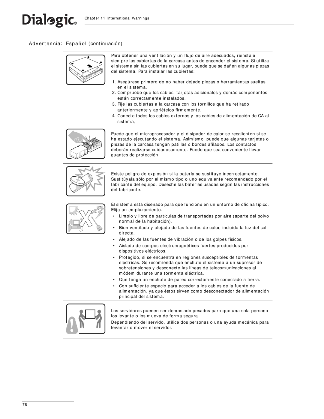 Dialogic SS7G21, SS7G22 manual Advertencia Español continuación 