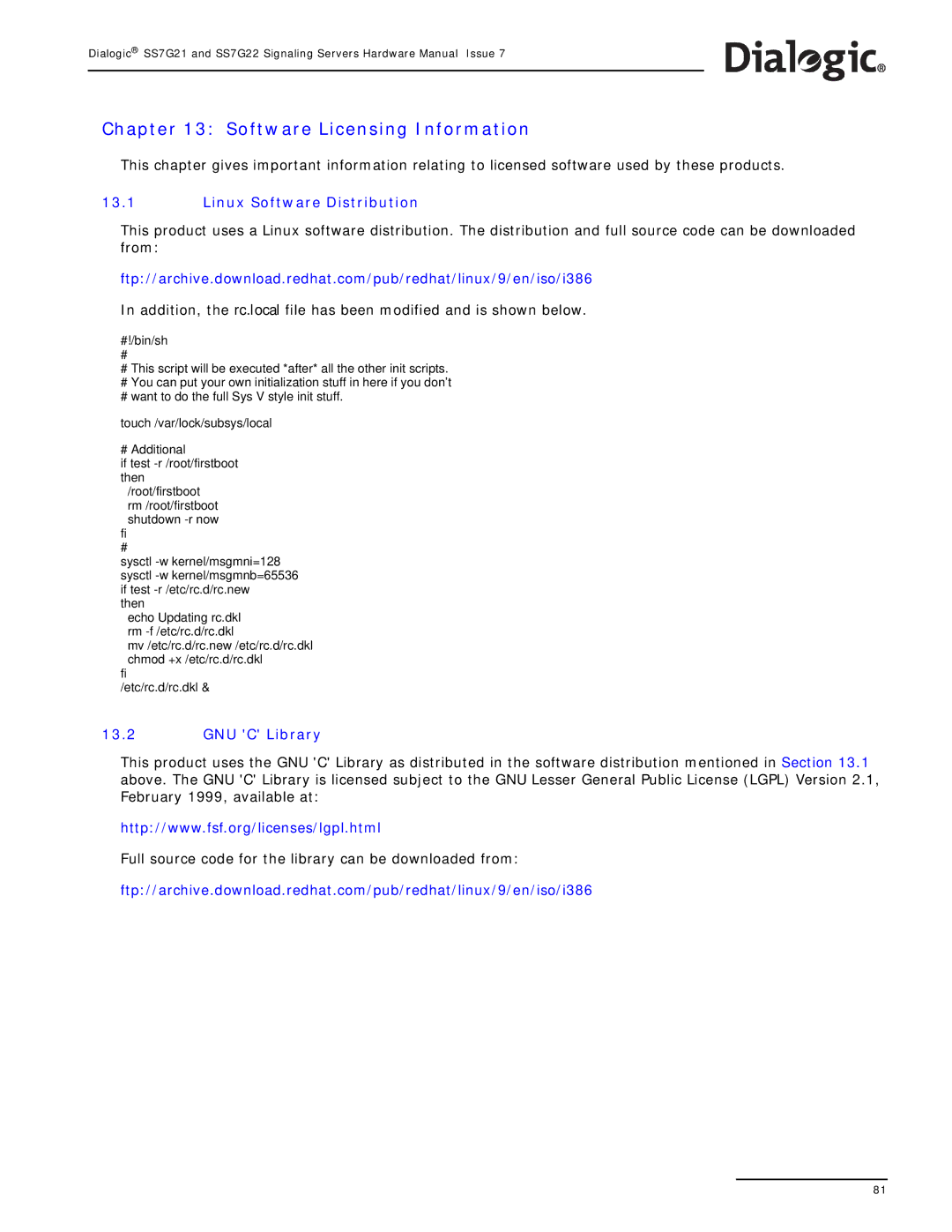 Dialogic SS7G22, SS7G21 manual Software Licensing Information, Linux Software Distribution, GNU C Library 
