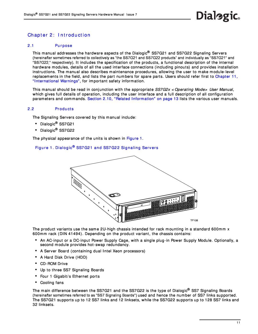 Dialogic manual Introduction, Purpose, Products, Dialogic SS7G21 and SS7G22 Signaling Servers 