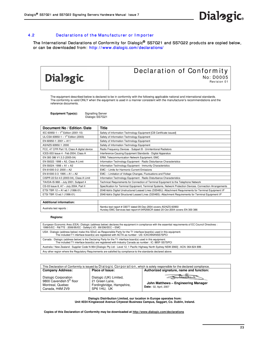 Dialogic SS7G22 Declaration of Conformity, No D0005, Declarations of the Manufacturer or Importer, Title, Company Address 