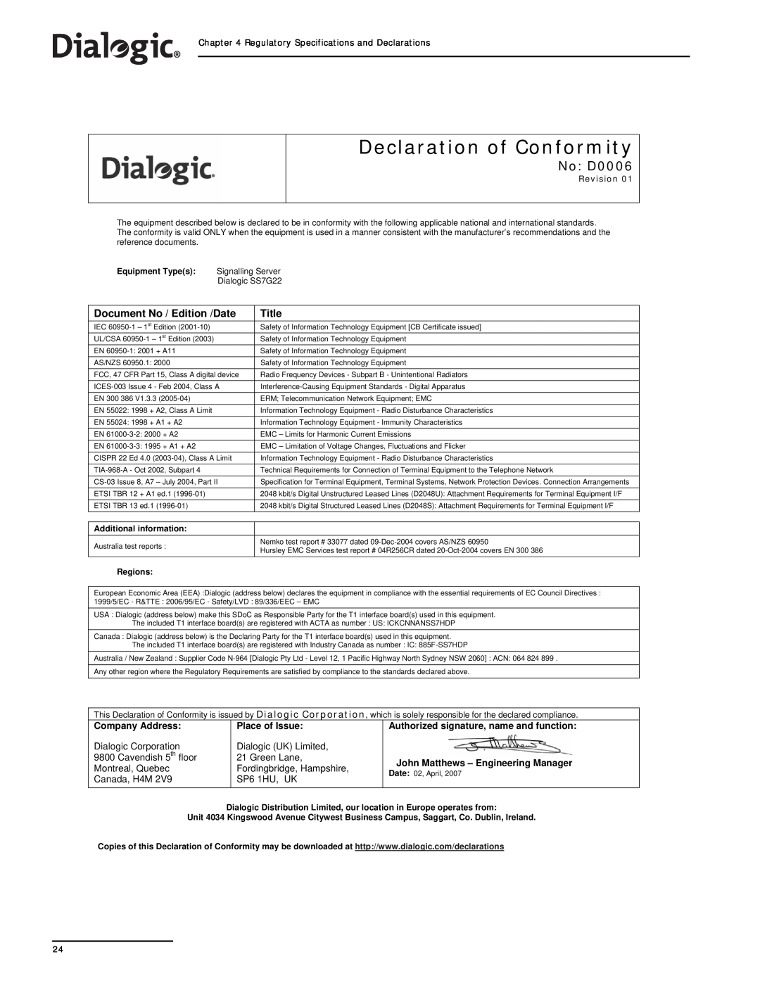Dialogic SS7G21 No D0006, Declaration of Conformity, Document No / Edition /Date, Title, Company Address, Place of Issue 