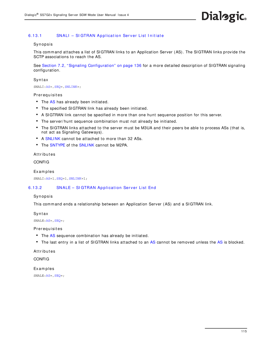 Dialogic SS7G2X manual Snali Sigtran Application Server List Initiate, Snale Sigtran Application Server List End 