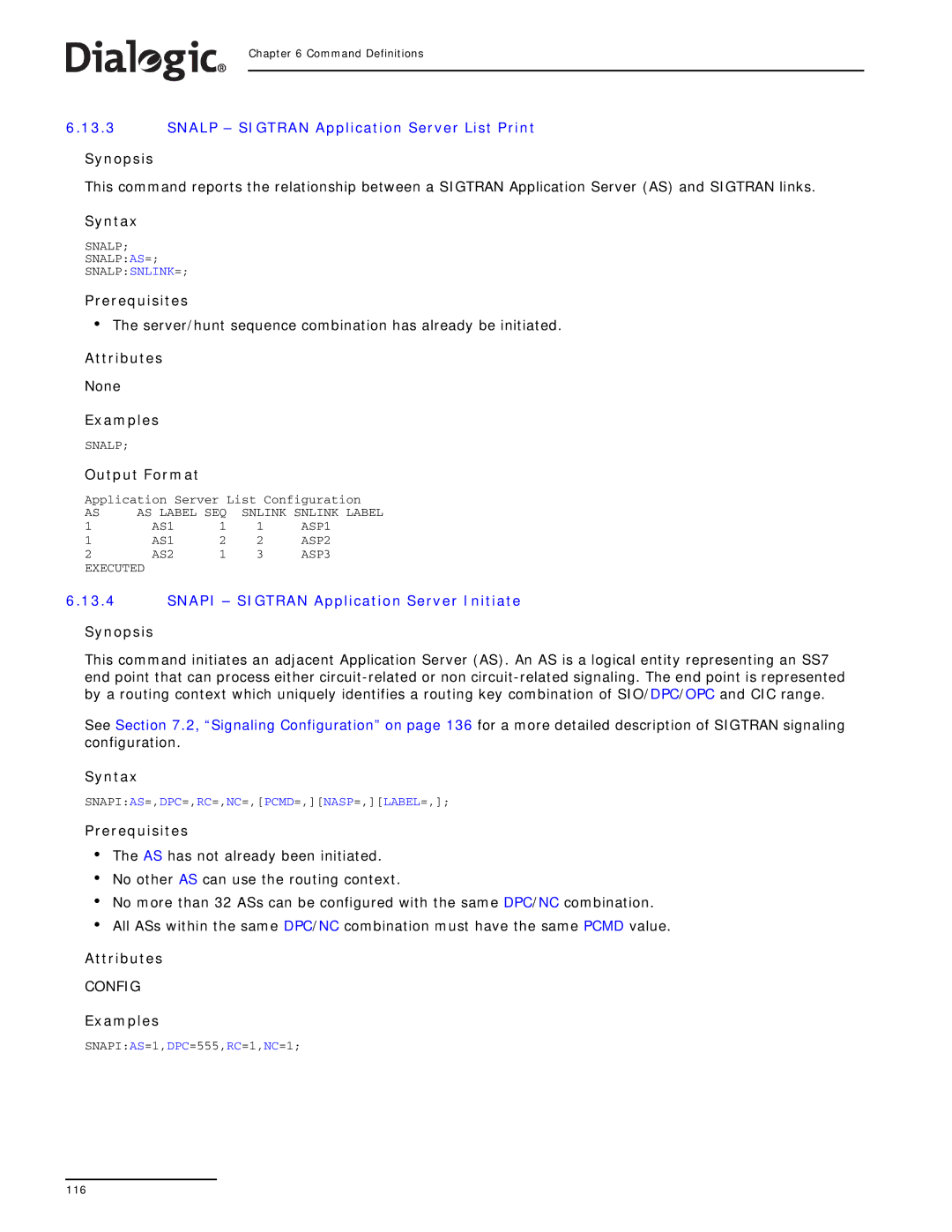 Dialogic SS7G2X manual Snalp Sigtran Application Server List Print, Snapi Sigtran Application Server Initiate 